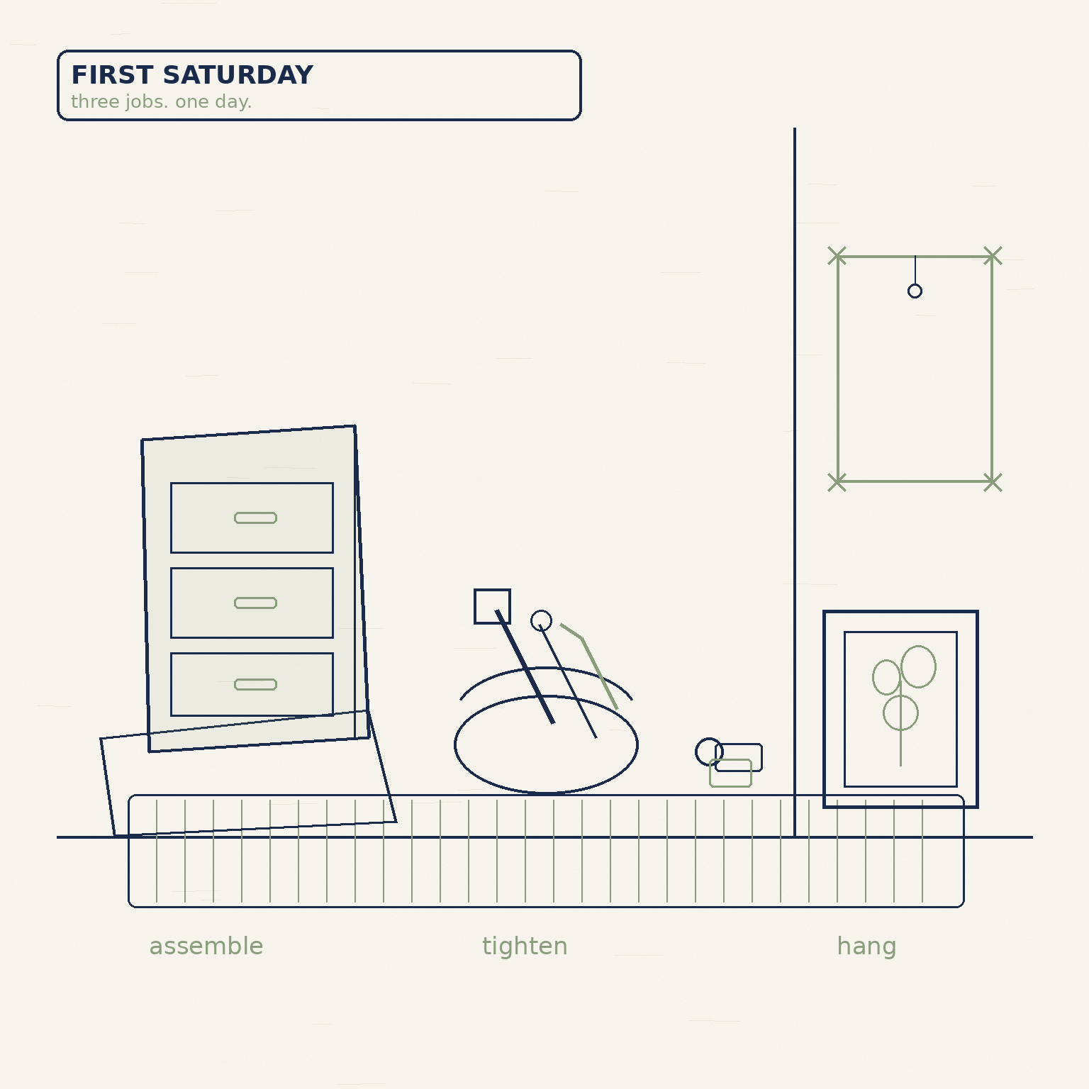First weekend in the apartment: assemble the furniture, hang the art, fix the one wobbly thing